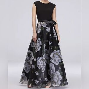 Ignite Cap Sleeve Floral Printed Ball Gown with Bow